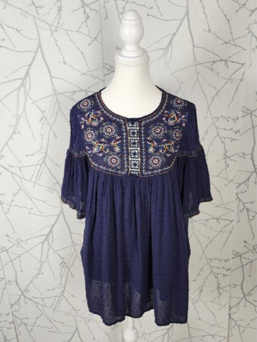 Lemon Ginger Midnight Blue Ethnic Embroidered Flowy Bohemian Top